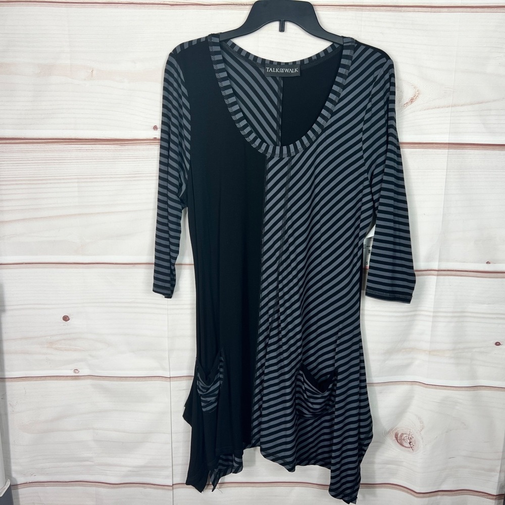 Talk of the Walk Top Womens XL Black Gray Stripe Tunic Blouse Pockets 3/4 Sleeve